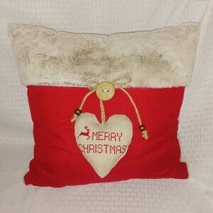 Decorative Christmas Throw Pillow Velvet Soft Faux Mink Back, Red Fabric Front